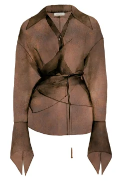 GRACE LING Rust Silk Satin Organza Stitches Wrap Shirt | Statement Sets | Shirts & Tops